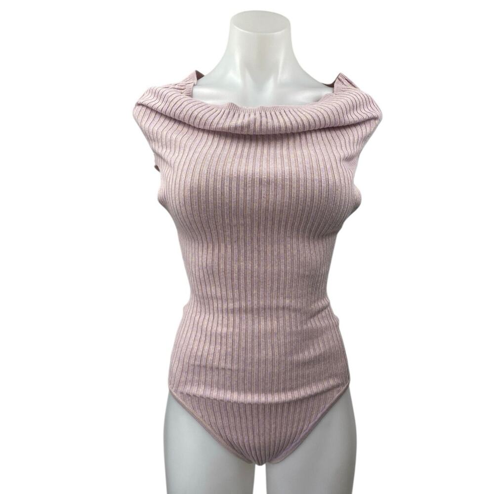 Free People Too Good Women's Pink Rib Knit Off Shoulder Thong Bodysuit Top Sz XS